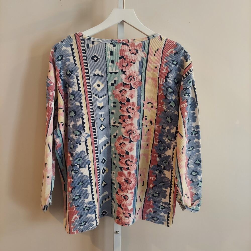 Vintage Oversized Pastel Floral Southwest Print Top Ribbed 3/4 Sleeve S/M - Picture 5 of 5